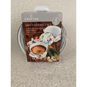 Crofton Mini Porcelain Enamel Casserole FLORAL WHITE 1 Quart 4pc Set NOS